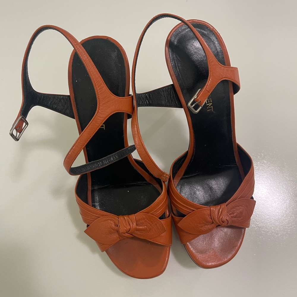 Authentic Saint Laurent Tribute Bow Sandals Cognac Leather 38